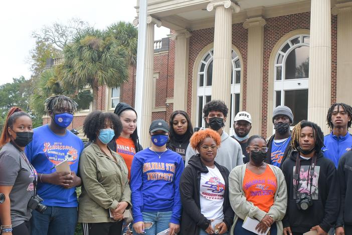 16 students from Savannah State University stand outside the Glynn County Courthouse in Brunswick on Nov. 18, 2021.