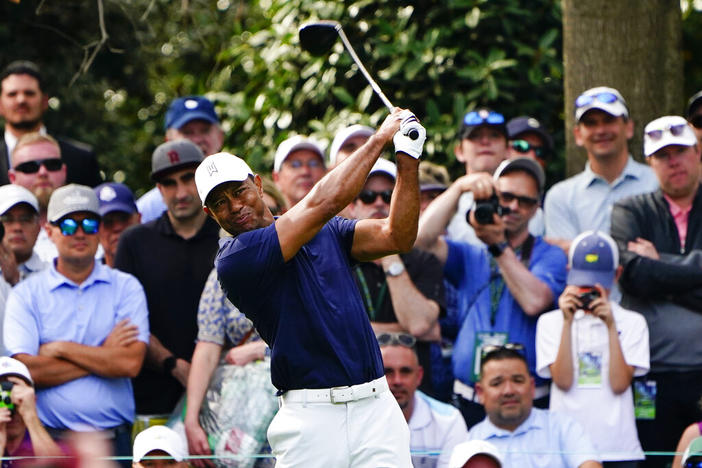 Tiger Woods tees off on the seventh hole during a practice round for the Masters golf tournament on Monday, April 4, 2022, in Augusta, Ga. 