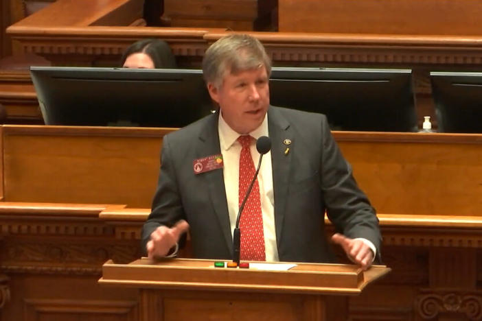 Republican Rep. Robert Dickey of Musella presents the elementary agriculture education bill during the House of Representatives floor session, in this screenshot from March 1, 2022.
