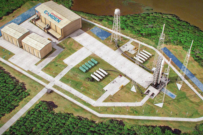 This artist's sketch provided by Spaceport Camden shows the launch pad complex of the proposed Spaceport Camden in Camden County, Ga.