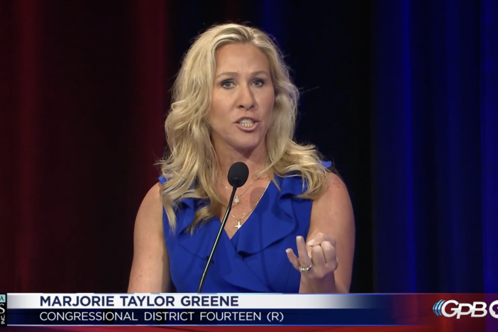 Rep. Marjorie Taylor Greene speaks at the 14th District GOP primary debate Sunday, May 1.