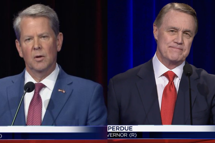 Incumbent Gov. Brian Kemp, left, challenger David Perdue, right, and other Republicans in the Georgia gubernatorial race shared their platforms and criticized rivals during the Atlanta Press Club debates on May 1, 2022.
