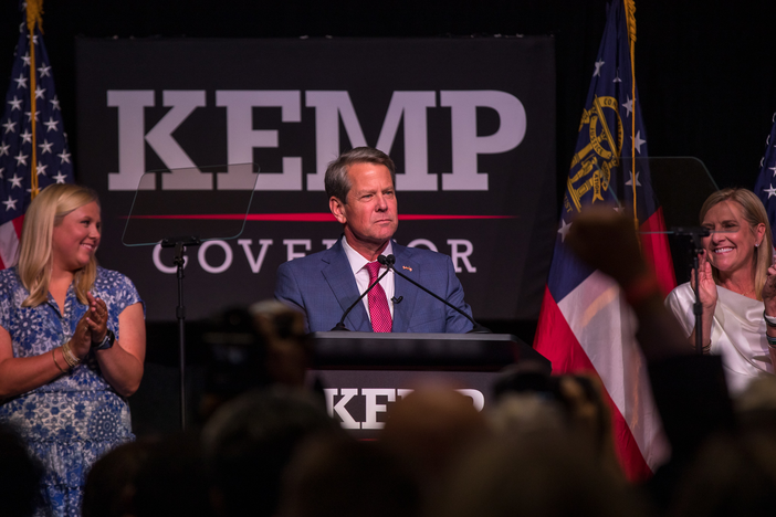 Governor Brian Kemp gives a speech at his campaign watch party as he wins the GOP nomination for governor. 