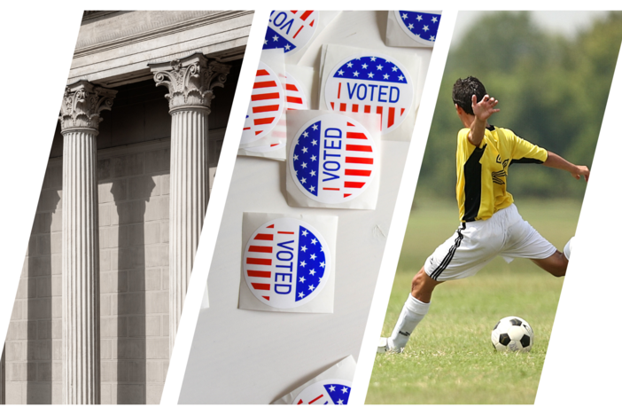 A mashup of a photo of Greek columns, voting stickers and a young athlete.