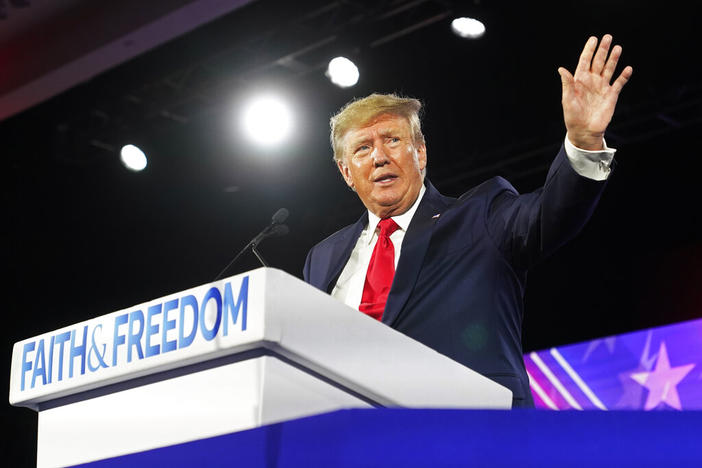 Former President Donald Trump speaks at the Road to Majority conference Friday, June 17, 2022, in Nashville, Tenn. A British filmmaker who shot interviews with Trump and his inner circle in the final months of the former president's administration has been subpoenaed to testify in a Georgia investigation into whether Trump and others illegally tried to influence the 2020 election in the state.