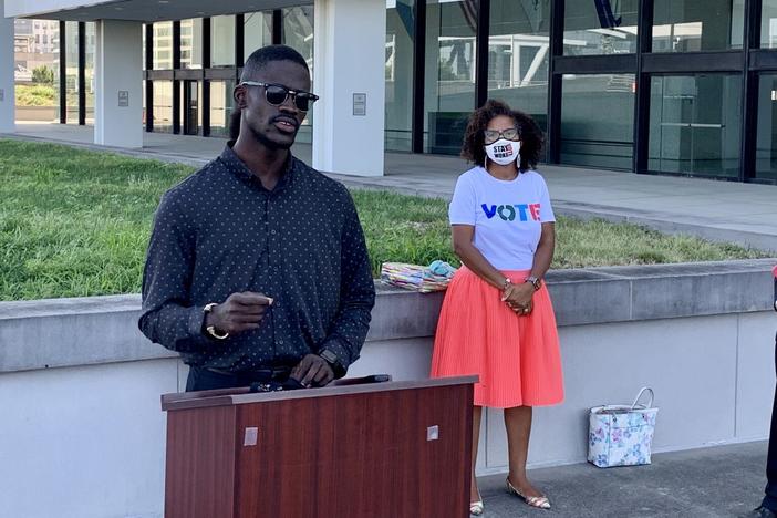  Georgia NAACP President James Woodall spoke outside the Richard B. Russell federal courthouse at a July 2020 press conference detailing a lawsuit asking a judge to change the election process used to select Georgia PSC commissioners. The suit alleges the process delivers white candidates who fail to adequately represent Black Georgians.