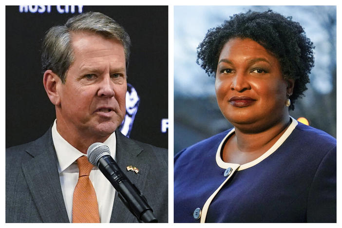 This combination of 2022 and 2021 photos shows Georgia Gov. Brian Kemp, left, and gubernatorial Democratic candidate Stacey Abrams. As Republicans nationwide gear up to attack Democrats with tough-on-crime platforms in the fall of 2022, Democrat Abrams is making guns a central focus of her race for governor, seeking to turn crime into a liability for incumbent Republican Kemp's reelection bid.