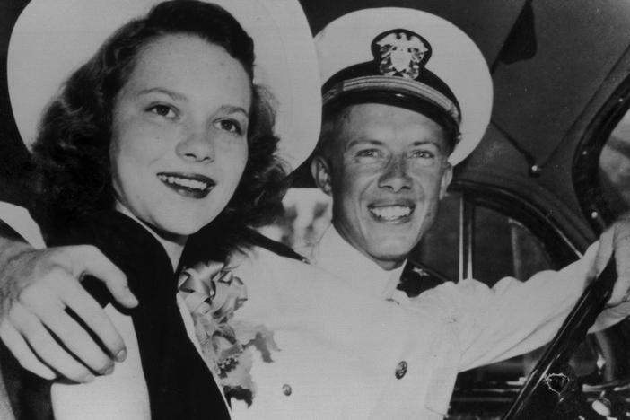 A photo of Rosalynn and Jimmy Carter on their wedding day