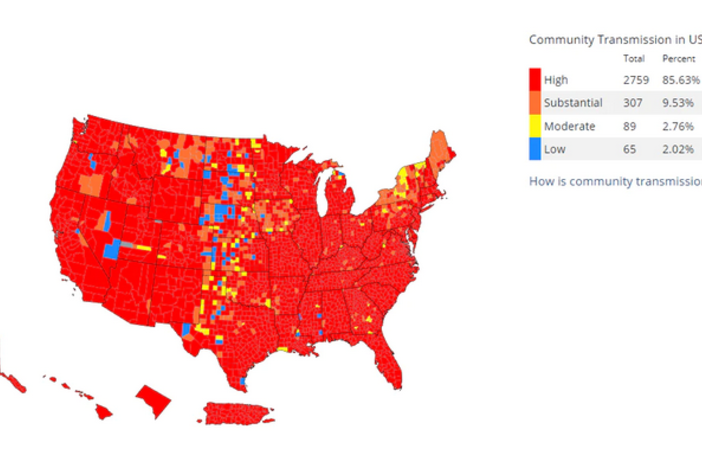 A map of the US showing high COVID transmission