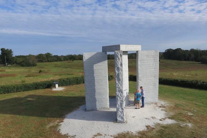 The Georgia Guidestones monument was built in 1980 from local granite. The 19-foot-high (6-meter-high) panels bear a 10-part message in eight different languages with guidance for living in an “age of reason."