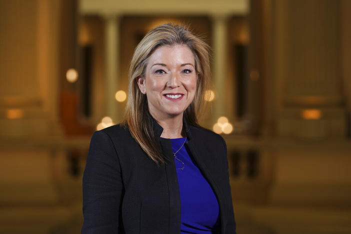 Georgia state Sen. Jen Jordan poses for a portrait at the capitol on Tuesday, Nov. 16, 2021, in Atlanta. Campaign finance results show incumbent Republican Attorney General Chris Carr has been outraised by Jordan in the two months that ended June 30. That's one of the campaign finance results for Georgia's statewide races reported Friday, July 8, 2022.