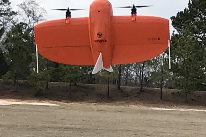 An unmanned aerial vehicle is shown taking off from Augusta Regional Airport.