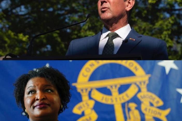 Above: Gov. Brian Kemp (Megan Varner / AP); Stacey Abrams (AP Photo/John Bazemore)