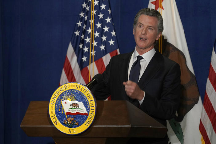 California Gov. Gavin Newsom discusses his 2022-2023 state budget revision during a news conference in Sacramento, Calif., Friday, May 13, 2022. Newsom recently called for film productions in Georgia to reconsider working in the state due to the state legislature "legislatures waging “a cruel assault on essential rights."
