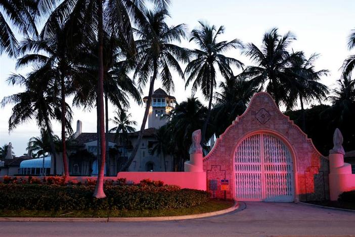 The entrance to former President Donald Trump's Mar-a-Lago estate is shown, Monday, Aug. 8, 2022, in Palm Beach, Fla. Trump said in a lengthy statement that the FBI was conducting a search of his Mar-a-Lago estate and asserted that agents had broken open a safe. (AP Photo/Terry Renna)