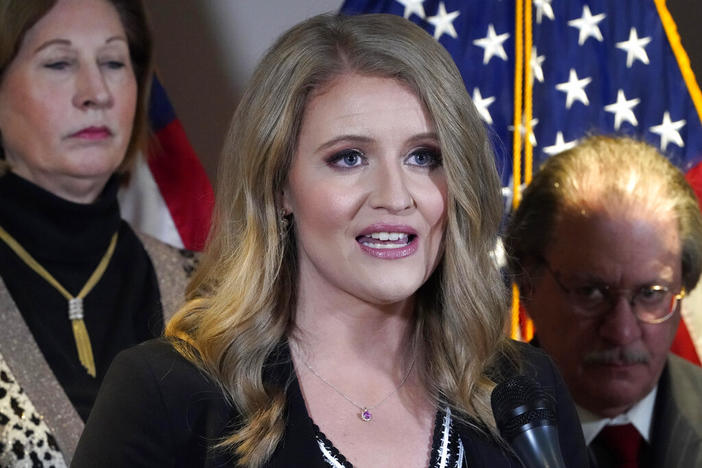Jenna Ellis, a member of then-President Donald Trump's legal team, speaks during a news conference at the Republican National Committee headquarters, Nov. 19, 2020, in Washington. A judge in Colorado on Tuesday, Aug. 16, 2022, ordered Ellis to travel to Georgia to testify before a special grand jury that's looking into whether Trump and others illegally tried to influence the 2020 election in Georgia.