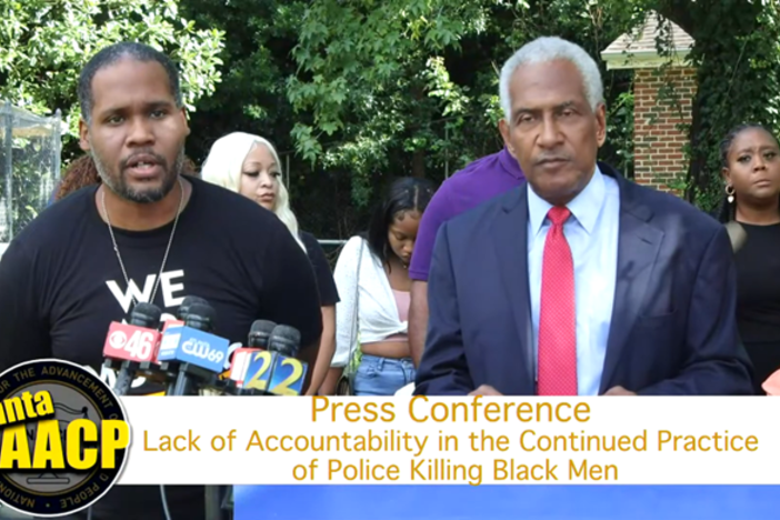 Georgia NAACP President Gerald Griggs and Atlanta Chapter President Richard Rose speak at a press conference on police accountability August 26, 2022 following an announcement in the Rayshard Brooks case.