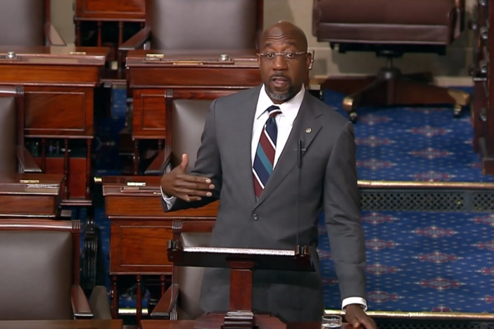 Senator Raphael Warnock speaking on the Senate floor in support of the CHIPS and Science Act.