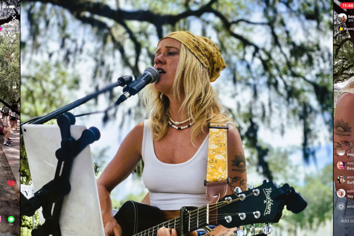 Clara Waidley performs at Forsyth Park in Savannah, both before an online following on TikTok and an audience of passersby at the farmers' market.