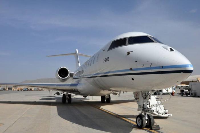 A 430th Expeditionary Electronic Combat Squadron E-11A aircraft outfitted with Battlefield Airborne Communications Node sits on a runway in Afghanistan in 2019.