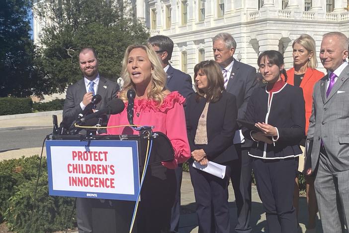 Georgia Republican Rep. Marjorie Taylor Greene at a press conference outside the U.S. Capitol on Sept. 20 pitched her legislation to make it a felony to perform gender-affirming care on transgender youth. Jennifer Shutt/Georgia Recorder