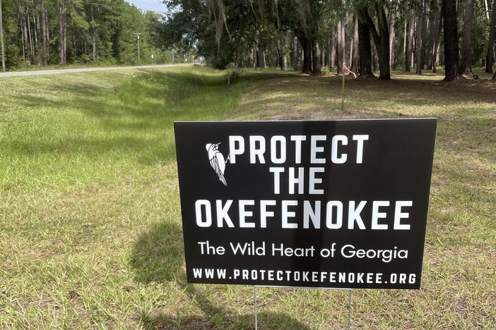 A yard sign near the entrance to the Suwanee River Eco-Lodge at Stephen Foster State Park. Credit: Mary Landers/The Current