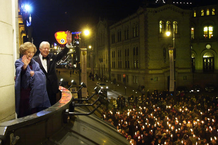Former U.S. President Jimmy Carter and First Lady Rosalynn Carter pictured in Oslo, Norway on Dec. 10, 2002 after he received the Nobel Peace Prize.