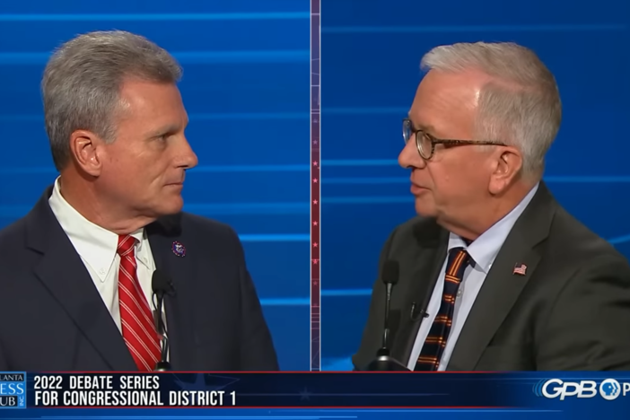 Incumbent Republican Rep. Buddy Carter (left) and Democratic challenger Wade Herring participate in the Atlanta Press Club's Loudermilk-Young Debate Series at the studios of Georgia Public Broadcasting in Atlanta.