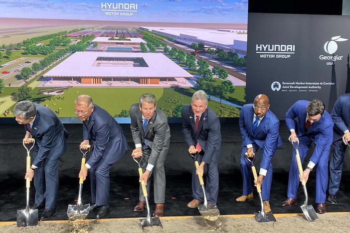 More than a dozen officials participated in the ceremonial groundbreaking of Hyundai Motor Group's planned electric vehicle plant in Bryan County. Among them were (from left) South Korea ambassador to the U.S. Taeyong Cho, Hyundai chairman Euisun Chung, Georgia Gov. Brian Kemp, U.S. Rep. Buddy Carter, and U.S. Senators Raphael Warnock and Jon Ossoff.