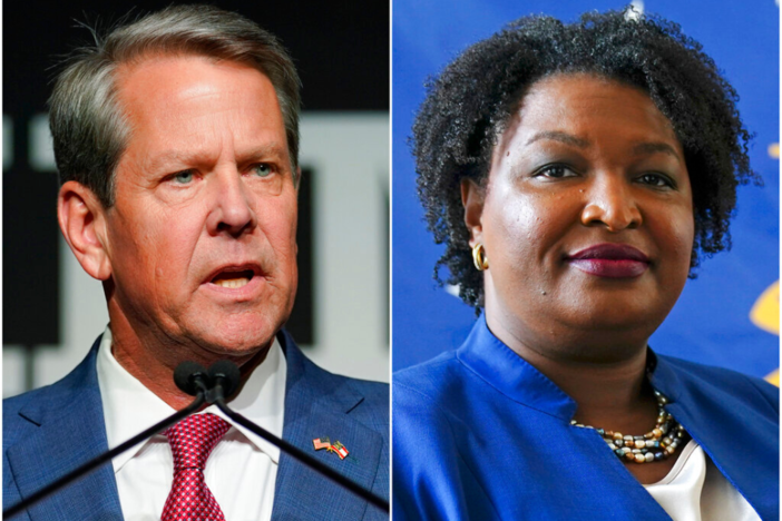 This combination of photos shows Georgia Gov. Brian Kemp, left, on May 24, 2022, in Atlanta, and gubernatorial Democratic candidate Stacey Abrams on Aug. 8, 2022, in Decatur, Ga. Early in-person voting begins in Georgia on Monday, Oct. 17, hours before the candidates for governor meet in the first of two scheduled debates. Democrats in particular are trying to push their supporters to cast ballots early in races that include a pivotal U.S. Senate seat. 