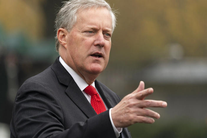Then-White House chief of staff Mark Meadows speaks with reporters at the White House, Oct. 21, 2020, in Washington. Meadows is trying to avoid having to testify before a Georgia special grand jury that's investigating whether then-President Donald Trump and others illegally tried to influence the state's 2020 election. A lawyer for Meadows on Monday, Oct. 24, 2022, argued in a court filing in South Carolina that Meadows shouldn't have to go to Atlanta to testify.