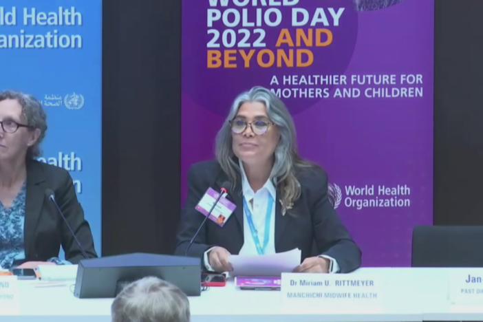 Dr. Miriam Rittmeyer speaking at the “World Polio Day 2022 and Beyond” summit in Geneva, Switzerland.