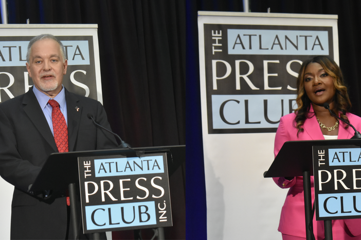  Left, State School Superintendent Richard Woods, right, Democratic candidate Alisha Thomas-Searcy. The two made their cases for why they should lead Georgia’s public schools in a debate Oct. 17. Ross Williams/Georgia Recorder