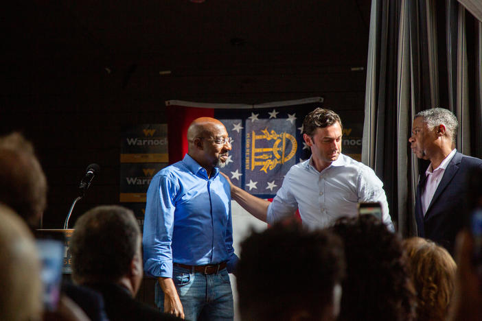 U.S. Senator Raphael Warnock makes a campaign stop in Macon, Ga., one day before the state's midterm election on November 7, 2022. Joined by fellow U.S. Senator Jon Ossoff, Warnock spoke to a crowd of national press and about 20 attendees: "The two most junior senators in the Senate, but I think we've done the work for the people of Georgia, and I'm ready to do it for six more years."