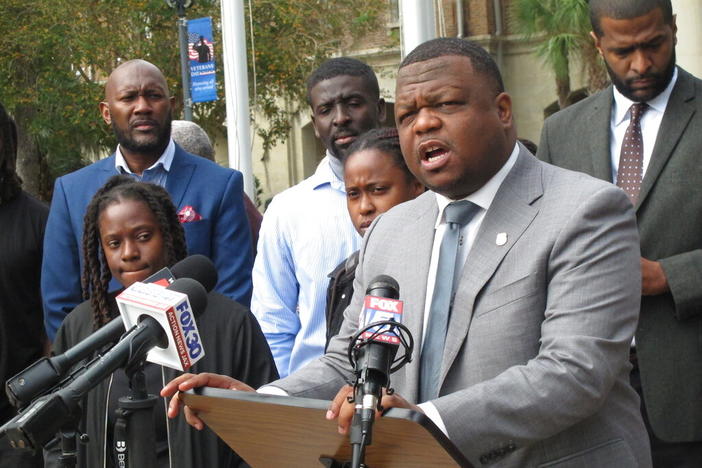 Attorney Harry Daniels speaks during a news conference Wednesday, Nov. 16, 2022, in Woodbine, Ga., calling for the firing and arrests of Camden County sheriff's deputies recorded by security cameras repeatedly punching jail detainee Jarrett Hobbs.