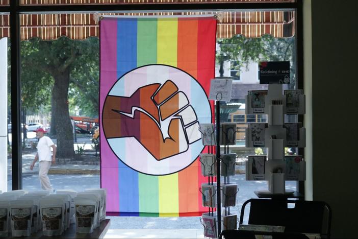 The Pride flag sits prominently in the window of the Bohemian Den on Cherry Street in Macon. The Bohemian Den is owned by Macon Pride’s President Scott Mitchell who helps put together the events for Macon Pride Week.