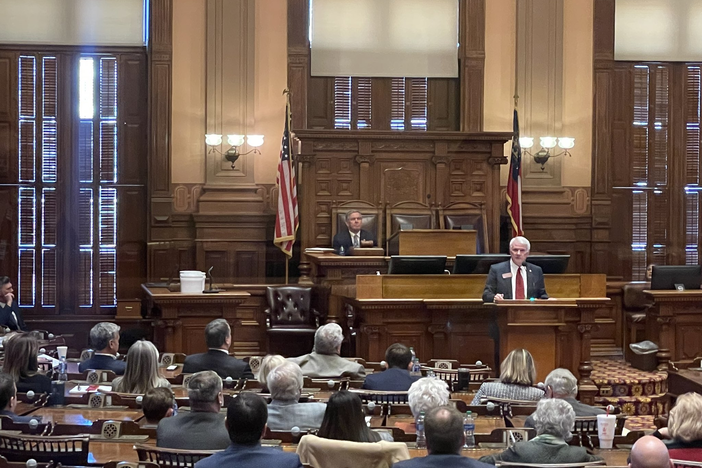 Jon Burns is shown speaking to the Georgia House of Representatives.
