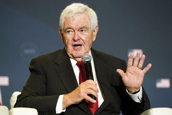 Former House Speaker Newt Gingrich speaks at an America First Policy Institute agenda summit in Washington, July 26, 2022. A judge has ordered Newt Gingrich to testify before a special grand jury in Atlanta that is investigating whether then-President Donald Trump and others illegally tried to influence the 2020 election in Georgia. The former U.S. House Speaker argued that he shouldn’t have to testify.