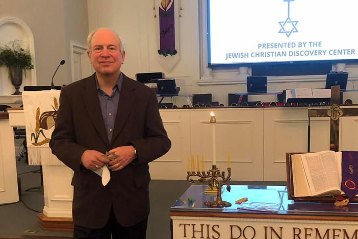 Rabbi Albert Slomovitz preparing to speak at Heritage Baptist Church in Cartersville, Ga.