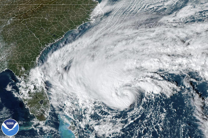 This GOES-East GoeColor satellite image taken at 2:36 p.m. EST and provided by NOAA shows Tropical Storm Nicole approaching toward the northwestern Bahamas and Florida’s Atlantic coastline on Tuesday, Nov. 8, 2022.