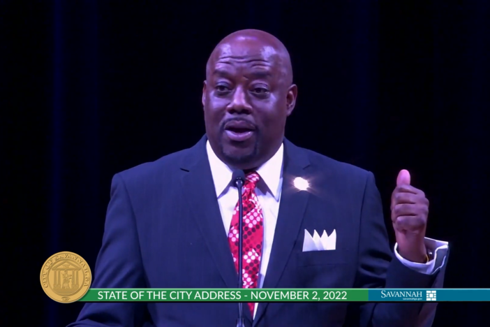 Savannah Mayor Van Johnson gives his 2022 State of the City address on Wednesday at the Savannah Cultural Arts Center in downtown.