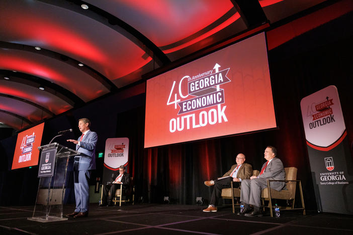  Georgia Governor Brian Kemp speaks during the Georgia Economic Outlook at the Georgia Aquarium on Friday, December 09, 2022 in Atlanta. Brian Powers/ University of Georgia