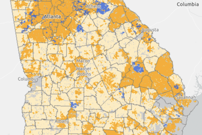Georgia’s Broadband Availability Map shows areas lacking broadband service in light yellow. (courtesy Georgia Broadband Office) 