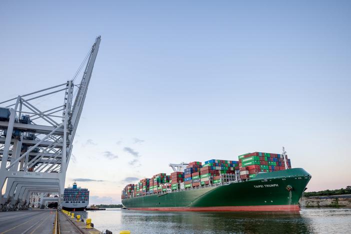 A container ship is seen near a terminal at the Port of Savannah.