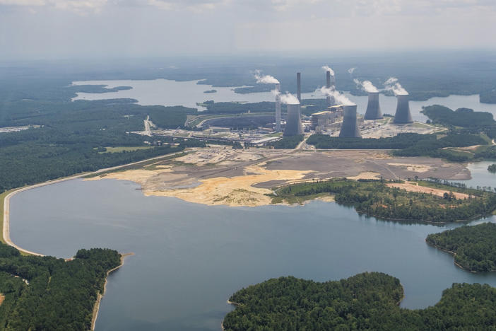 Georgia Power's Plant Scherer with the coal ash pond where residuals from burning coal at the plant are stored. The pond goes to depths of 80 feet in some places and comes into contact with groundwater.