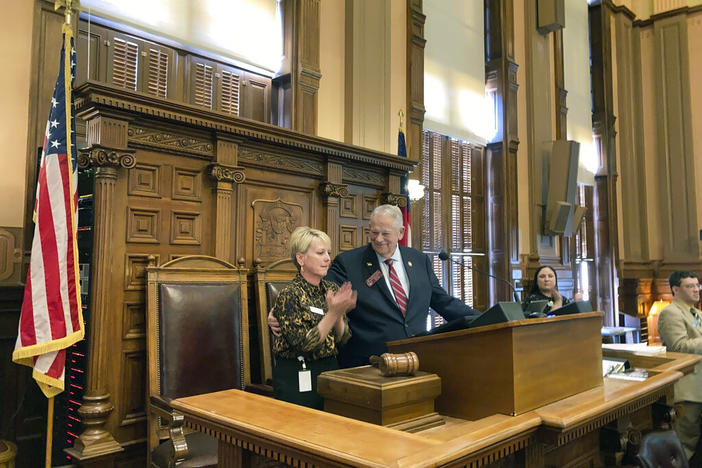 Georgia House Speaker David Ralston turns to his wife Sheree Ralston as the House votes 166-0 for final passage of a sweeping mental health bill on March 30, 2022, at the state capitol in Atlanta. Ralston died Wednesday, Nov. 16, 2022, in Atlanta, at age 68 after what spokesperson Kaleb McMichen described as an "extended illness." 