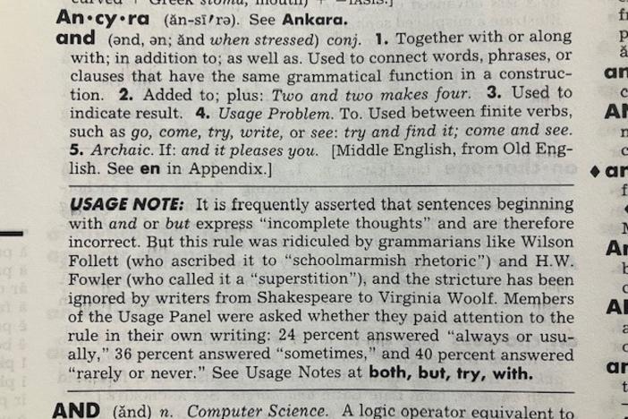 The dictionary definition of the word "and" is pictured from the American Heritage dictionary.