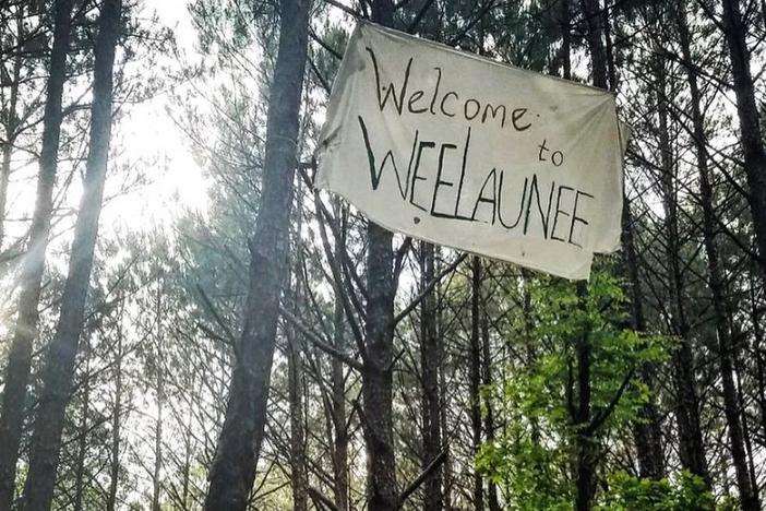 Opponents of the $90 million public safety training center erect a flag in the trees of the Weelaunee forest. They have been protesting for months by building platforms in surrounding trees and camping out at the site. 