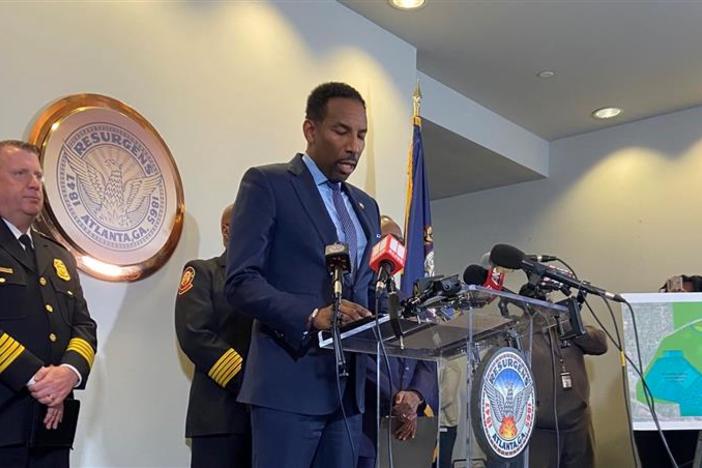 Atlanta Mayor Andre Dickens at a press conference inside City Hall on Jan. 31, 2023