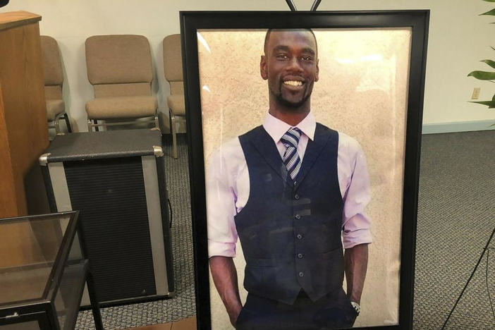 A portrait of Tyre Nichols is displayed at a memorial service for him on Tuesday, Jan. 17, 2023 in Memphis, Tenn. Nichols was killed during a traffic stop with Memphis Police on Jan. 7.  (AP Photo/Adrian Sainz)